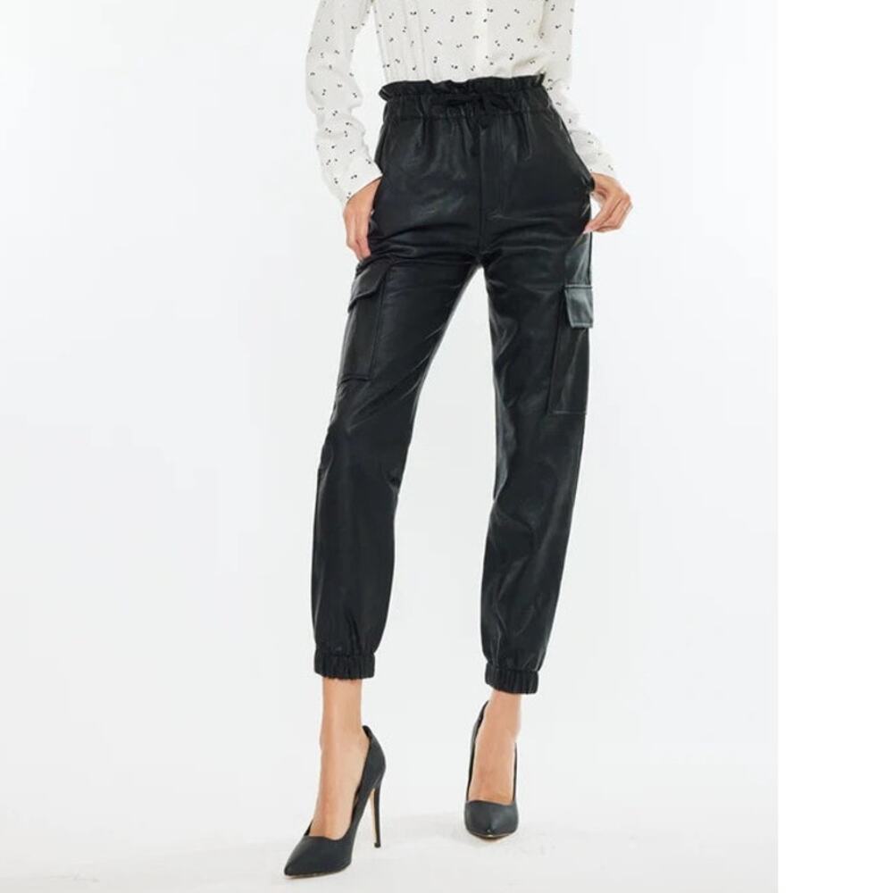 KanCan Rona Cargo Jogger Pants Large Faux Leather Ultra High Rise Sleek Chic NEW